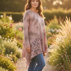 Soft Boho Pink Mohair Blend Lace Sweater L Asymmetrical Italian Cottagecore